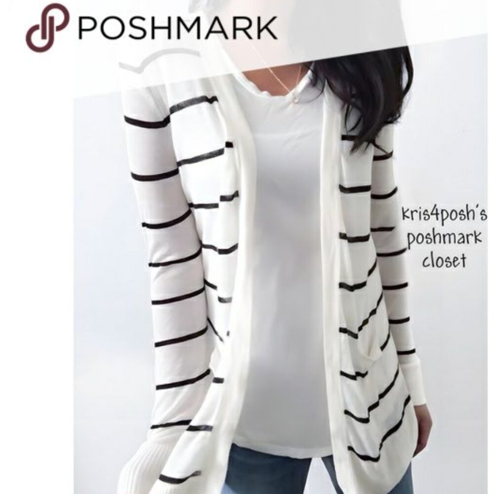 LOFT White Cardigan with Black Stripes XL‎ - Picture 3 of 11